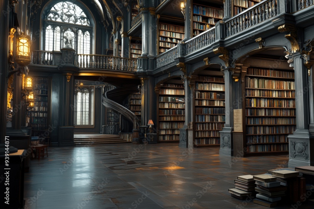 Fototapeta premium This quiet grand library features spiral stairs, vaulted windows, and tall book-filled shelves, providing a serene and intellectually stimulating environment for readers.