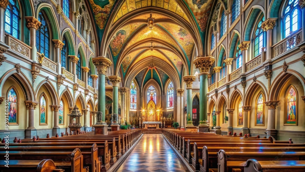 Fototapeta premium Interior of a historic Catholic church with ornate alters, vaulted ceilings, and stained glass windows, a popular destination for devout pilgrims seeking spiritual solace.