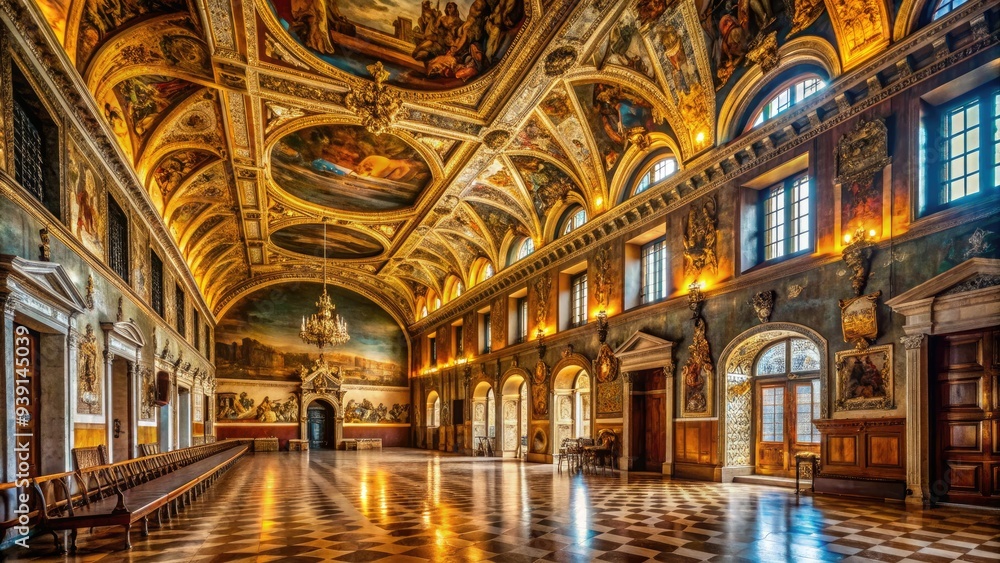 Obraz premium Interior of Doge's Palace in Venice, Italy, featuring ornate Gothic architecture, intricate stone carvings, and richly textured walls with warm golden lighting.
