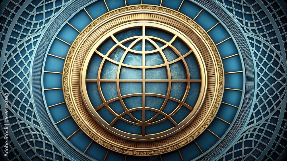 Obraz premium International financial institution's symbol featuring a stylized globe with meridians and parallels, surrounded by a circular border with a segmented pattern.