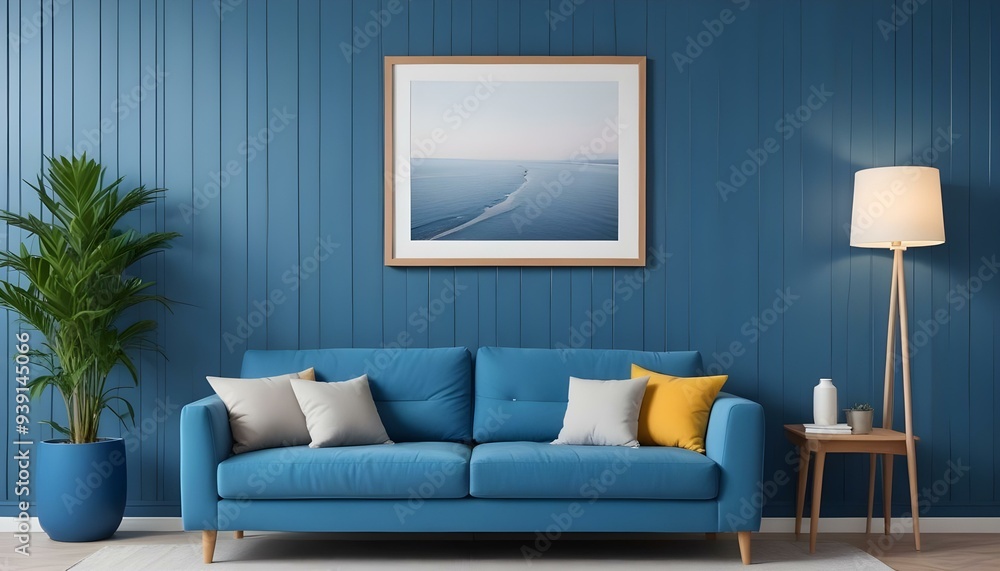 Interior mockup In a white room a blue sofa is placed next to a photo frame on the wall Interior mockup In a white room a blue sofa is placed next to a photo frame on the wall