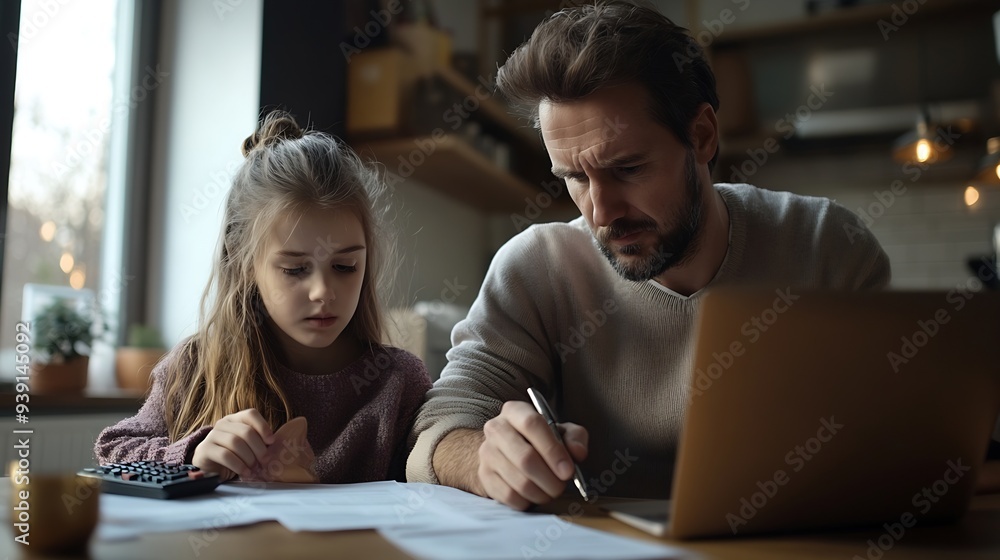 Young unhappy family paying utility bills online on laptop Stressed man sitting at table with documents and calculator filling in papers calculating domestic expenses together with his : Generative AI Young unhappy family paying utility bills online on laptop Stressed man sitting at table with documents and calculator filling in papers calculating domestic expenses together with his : Generative AI