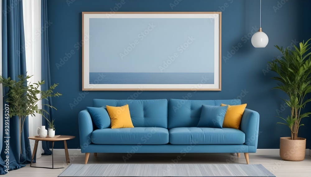 Interior mockup In a white room a blue sofa is placed next to a photo frame on the wall Interior mockup In a white room a blue sofa is placed next to a photo frame on the wall