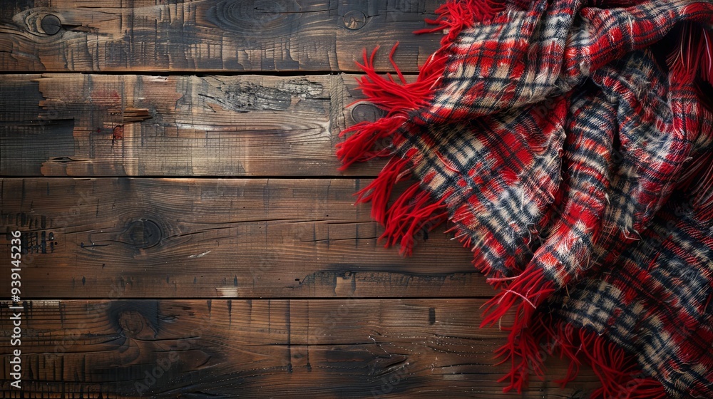 Red plaid on wood floor with blanket Red plaid on wood floor with blanket