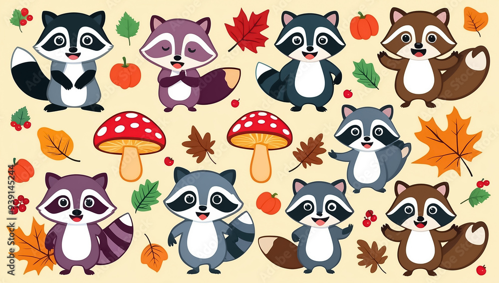 sticker set, different cute funny raccoon sticker set, different cute funny raccoon