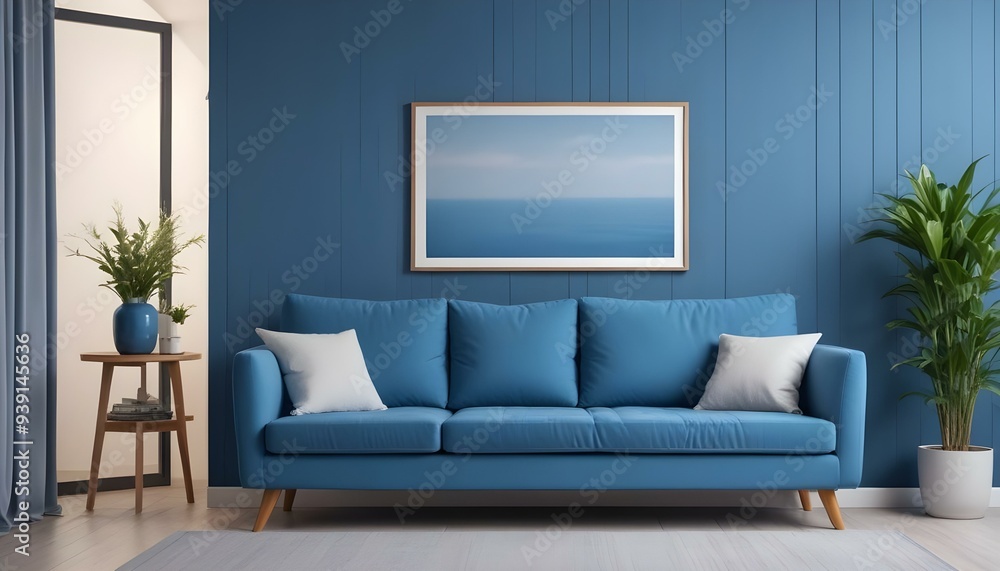 Interior mockup In a white room a blue sofa is placed next to a photo frame on the wall Interior mockup In a white room a blue sofa is placed next to a photo frame on the wall
