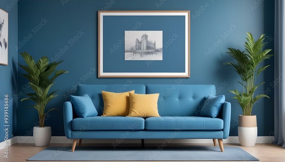 Interior mockup In a white room a blue sofa is placed next to a photo frame on the wall Interior mockup In a white room a blue sofa is placed next to a photo frame on the wall