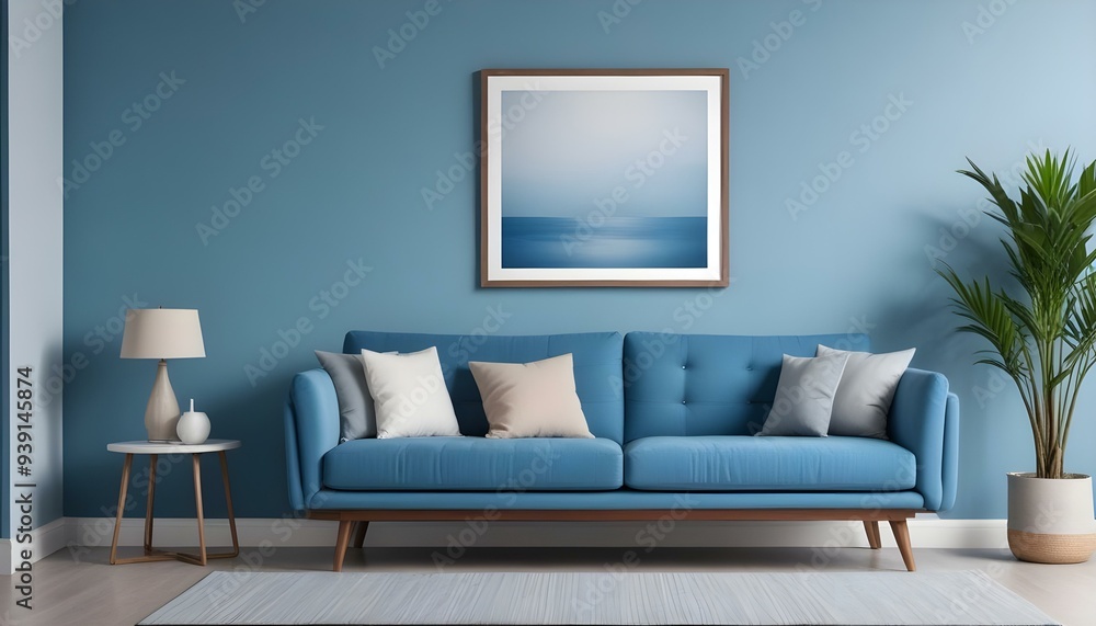Interior mockup In a white room a blue sofa is placed next to a photo frame on the wall Interior mockup In a white room a blue sofa is placed next to a photo frame on the wall