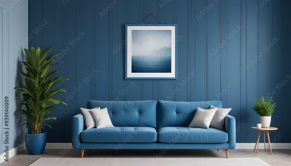 Interior mockup In a white room a blue sofa is placed next to a photo frame on the wall Interior mockup In a white room a blue sofa is placed next to a photo frame on the wall