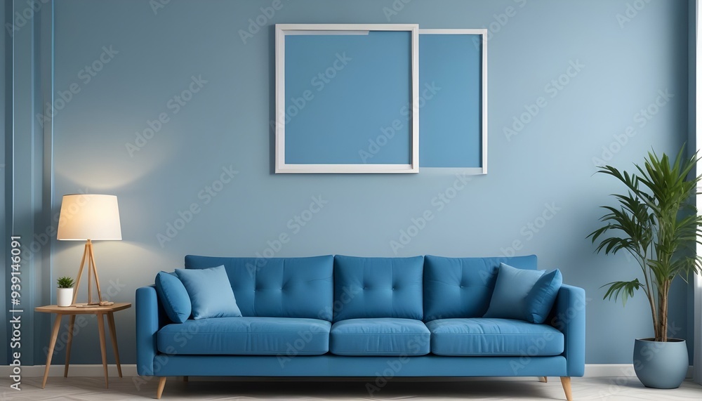 Interior mockup In a white room a blue sofa is placed next to a photo frame on the wall Interior mockup In a white room a blue sofa is placed next to a photo frame on the wall