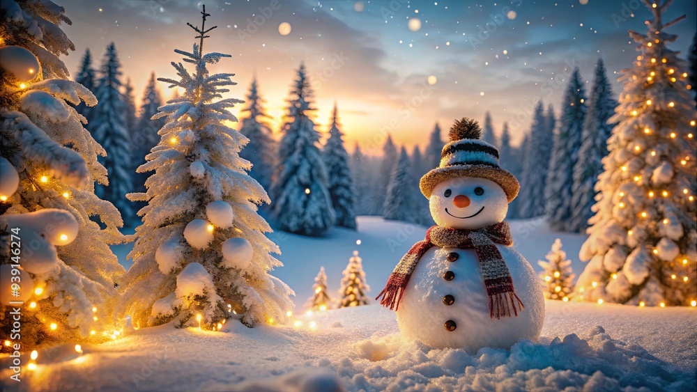 Obraz premium Snowman enjoying a winter wonderland with snow-covered pine trees and warm glowing lights