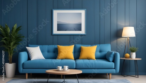 Interior mockup In a white room a blue sofa is placed next to a photo frame on the wall