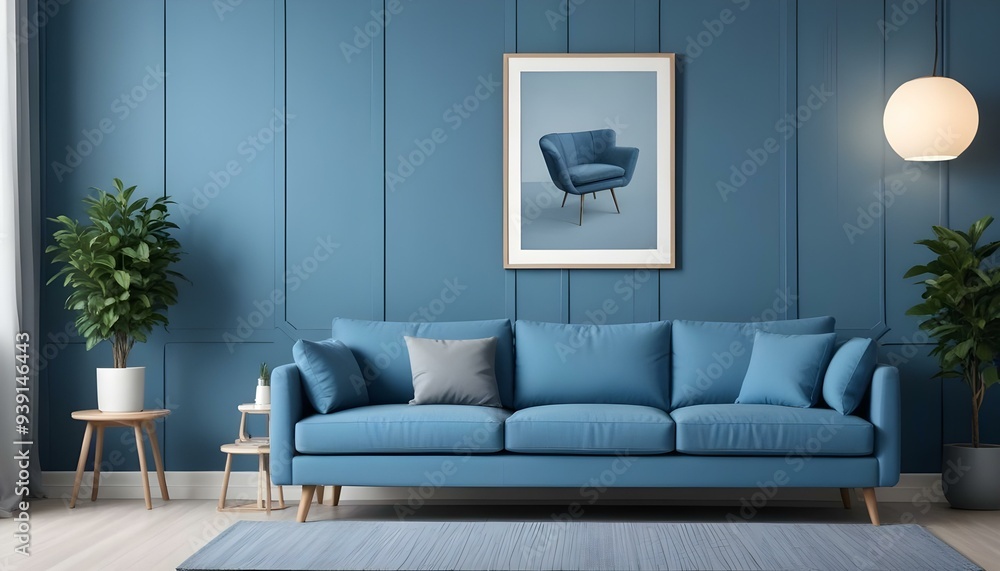 Interior mockup In a white room a blue sofa is placed next to a photo frame on the wall Interior mockup In a white room a blue sofa is placed next to a photo frame on the wall