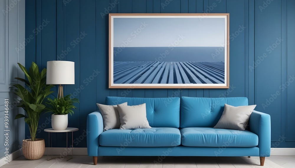 Fototapeta premium Interior mockup In a white room a blue sofa is placed next to a photo frame on the wall