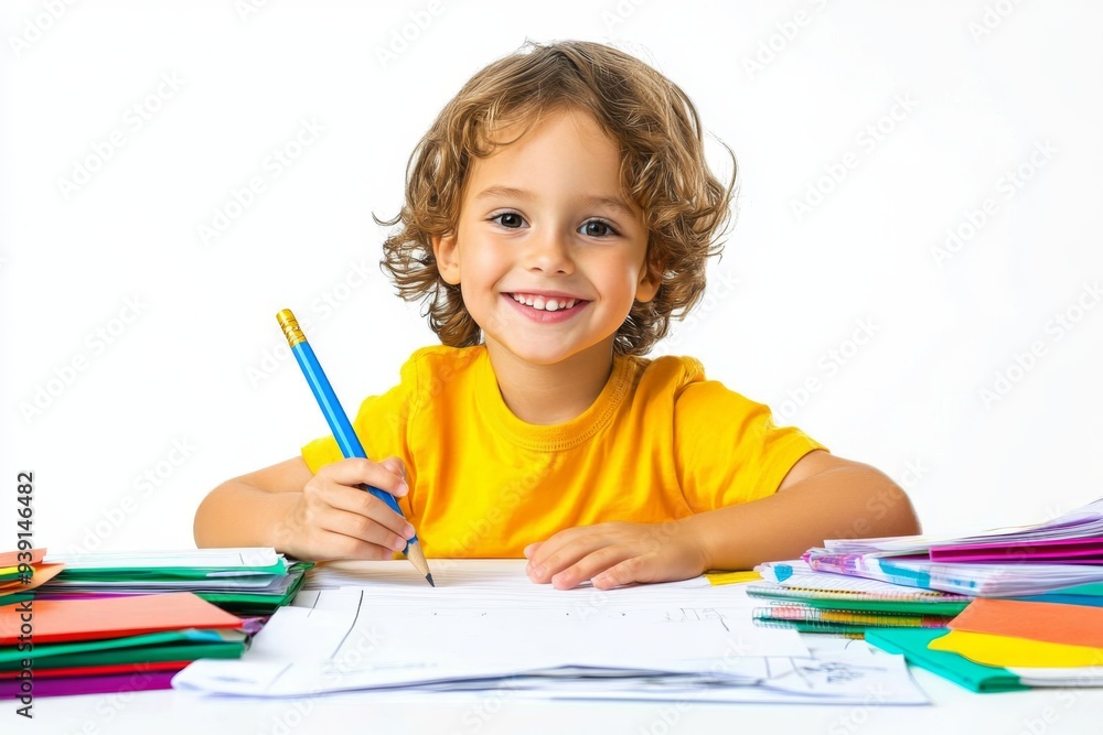 A cheerful child sits at a desk, pencil in hand, immersed in a world of colorful textbooks and scattered papers. This illustration captures the essence of curiosity and the joy of learning. A cheerful child sits at a desk, pencil in hand, immersed in a world of colorful textbooks and scattered papers. This illustration captures the essence of curiosity and the joy of learning.