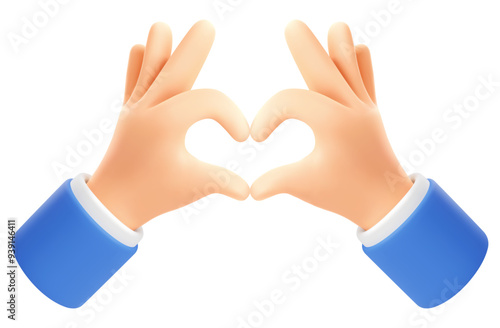 Heart sign icon, love gesture. 3d realistic Hands with blue sleeves shows heart sign. Vector illustration