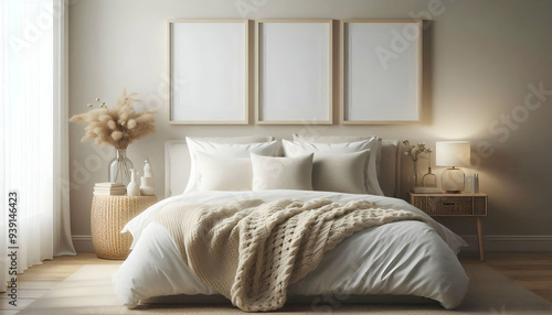 Mockup three frame in bedroom interior background, room in light pastel colors, 3d render