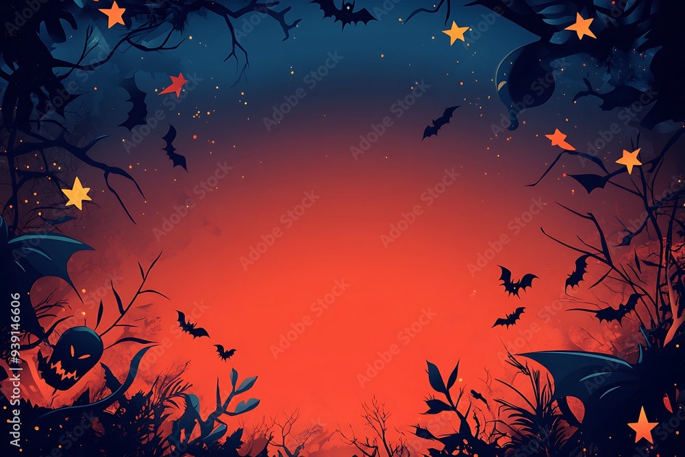 Halloween style wallpaper, gradient red background with dark blue decoration and large blank space in the center for text, Halloween patterns such as bats and spiders on both sides of the frame, Halloween style wallpaper, gradient red background with dark blue decoration and large blank space in the center for text, Halloween patterns such as bats and spiders on both sides of the frame,