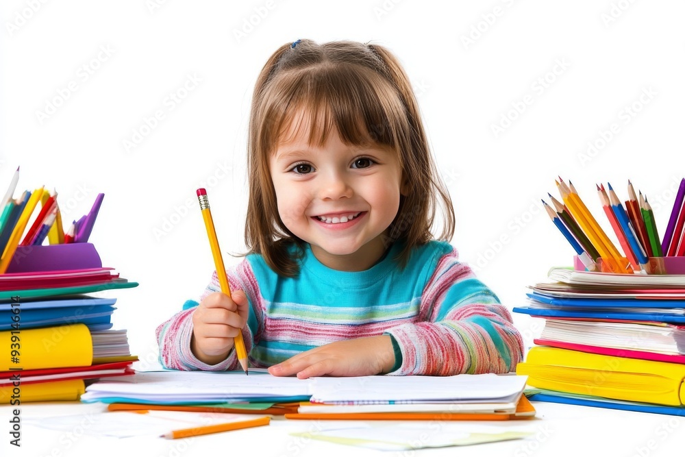 A cheerful child sits at a desk, pencil in hand, immersed in a world of colorful textbooks and scattered papers. This illustration captures the essence of curiosity and the joy of learning. A cheerful child sits at a desk, pencil in hand, immersed in a world of colorful textbooks and scattered papers. This illustration captures the essence of curiosity and the joy of learning.