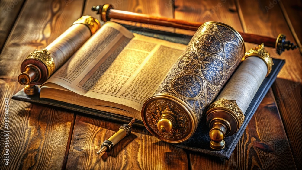 Intricately decorated sacred Jewish scripture, the Torah, lies open on a wooden desk, its Hebrew text and annotations outlined in elegant calligraphy and ornate designs. Intricately decorated sacred Jewish scripture, the Torah, lies open on a wooden desk, its Hebrew text and annotations outlined in elegant calligraphy and ornate designs.