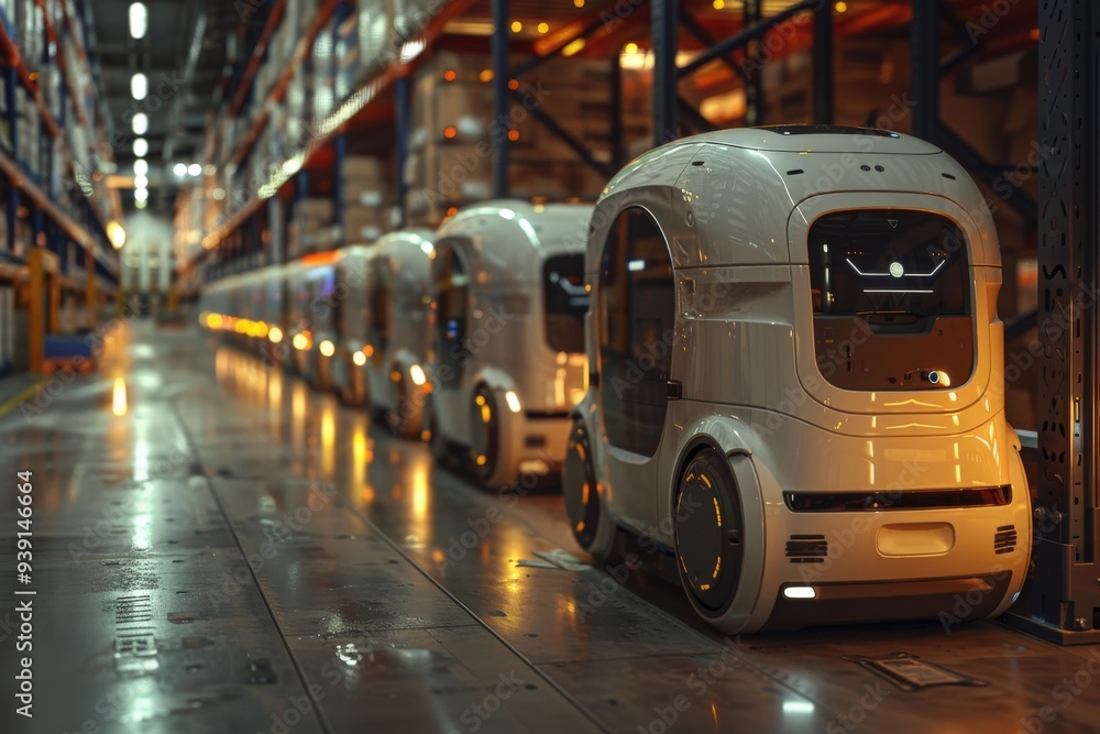 A line of high-tech autonomous vehicles operates within a spacious warehouse, showcasing the future of automated logistics and the evolution of transportation technology in industrial sectors. A line of high-tech autonomous vehicles operates within a spacious warehouse, showcasing the future of automated logistics and the evolution of transportation technology in industrial sectors.