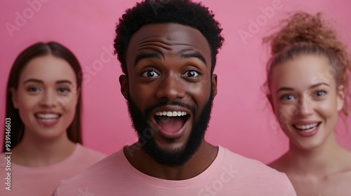 Shocked stupefied dark skinned man and their companions pose against pink background Emotional surprised horrified mixed race people see something unexpected in front Human reaction co : Generative AI photo