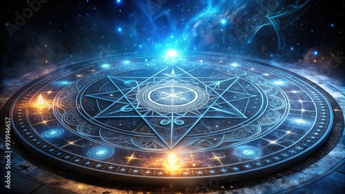 Intricately designed ancient mystical grid with glowing runes and celestial symbols, surrounded by subtle mist, evoking mystery and mystique of forgotten magical arts.