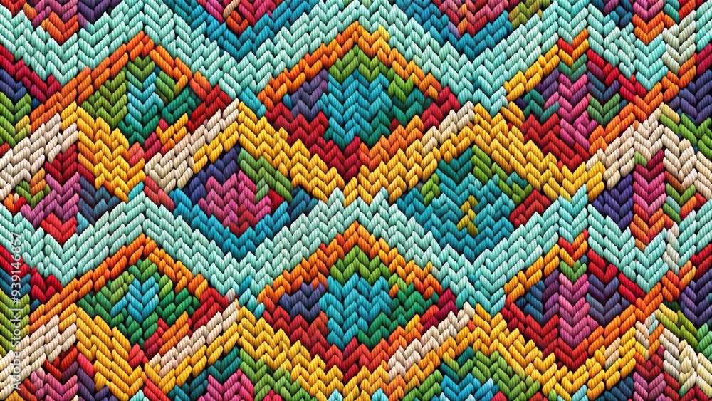 Intricately designed knitting pattern in vector format, featuring interlocking rows of stitches, cables, and textured motifs in a gorgeous, modern, and colorful geometric arrangement. Intricately designed knitting pattern in vector format, featuring interlocking rows of stitches, cables, and textured motifs in a gorgeous, modern, and colorful geometric arrangement.