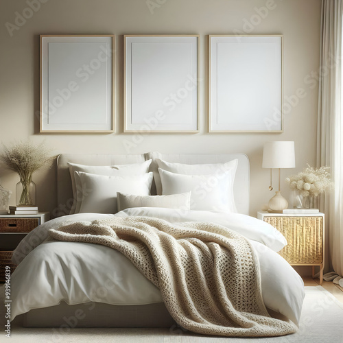 Mockup three frame in bedroom interior background, room in light pastel colors, 3d render