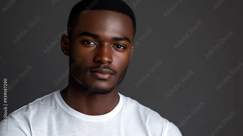 Close up portrait of goodlooking serious African man with healthy clean skin wearing white casual tshirt posing isolated against gray studio wall with copy space for your promotional c : Generative AI Close up portrait of goodlooking serious African man with healthy clean skin wearing white casual tshirt posing isolated against gray studio wall with copy space for your promotional c : Generative AI