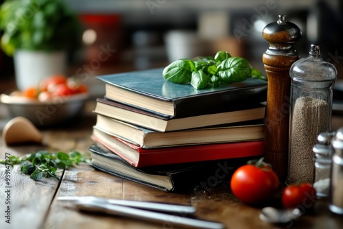 A stack of cookbooks with a few kitchen utensils and ingredients nearby Hyper realistic. Shot with canon 5d Mark III --ar 3:2 --style raw --v 6.1 Job ID: f438b0ae-5a05-4809-9710-3fa8feaf12d2 photo