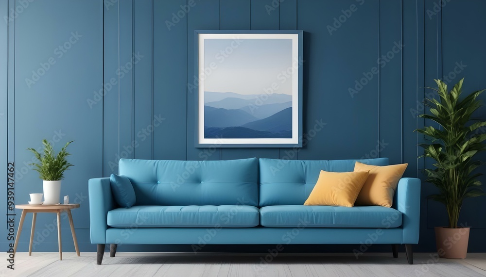 Interior mockup In a white room a blue sofa is placed next to a photo frame on the wall Interior mockup In a white room a blue sofa is placed next to a photo frame on the wall