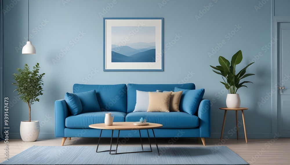 Interior mockup In a white room a blue sofa is placed next to a photo frame on the wall Interior mockup In a white room a blue sofa is placed next to a photo frame on the wall