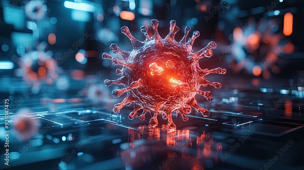 Close-up of a glowing red virus on a digital background Close-up of a glowing red virus on a digital background