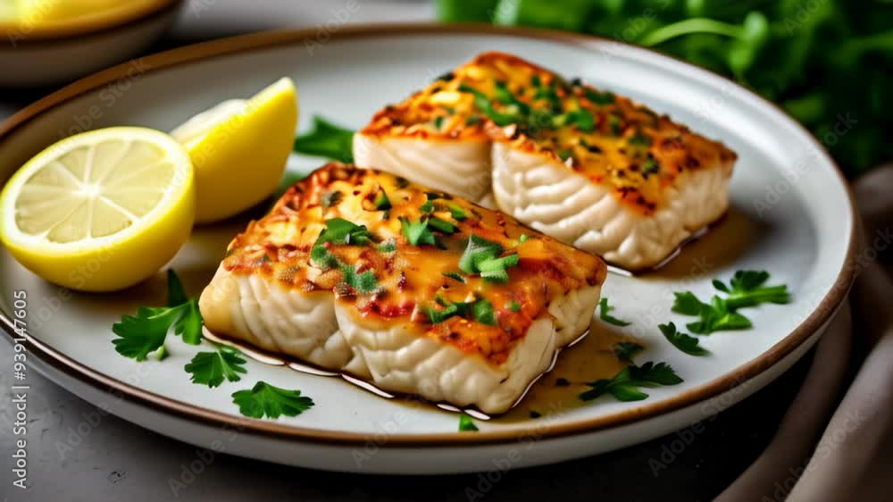 Deliciously grilled fish with lemon and herbs ready to be savored Deliciously grilled fish with lemon and herbs ready to be savored