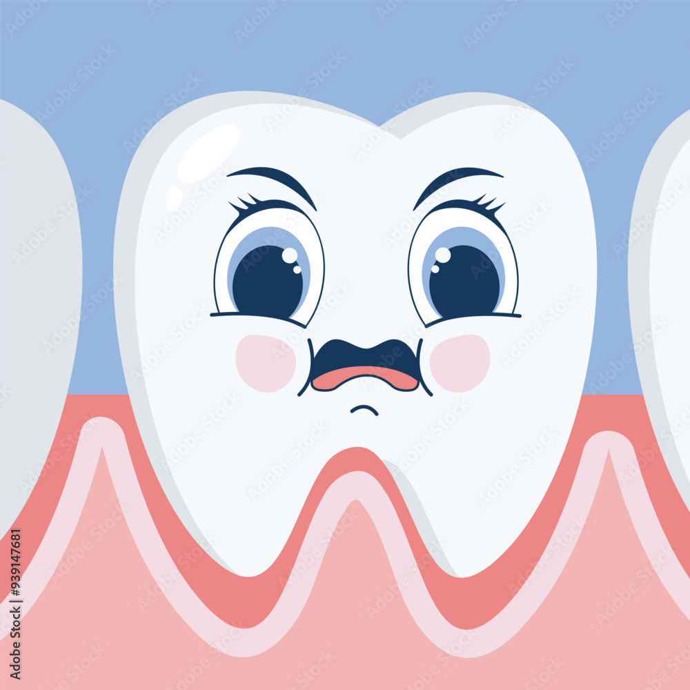 An evil cartoon tooth growing out of the gum. The oral cavity. The concept of pediatric dentistry. An evil cartoon tooth growing out of the gum. The oral cavity. The concept of pediatric dentistry.