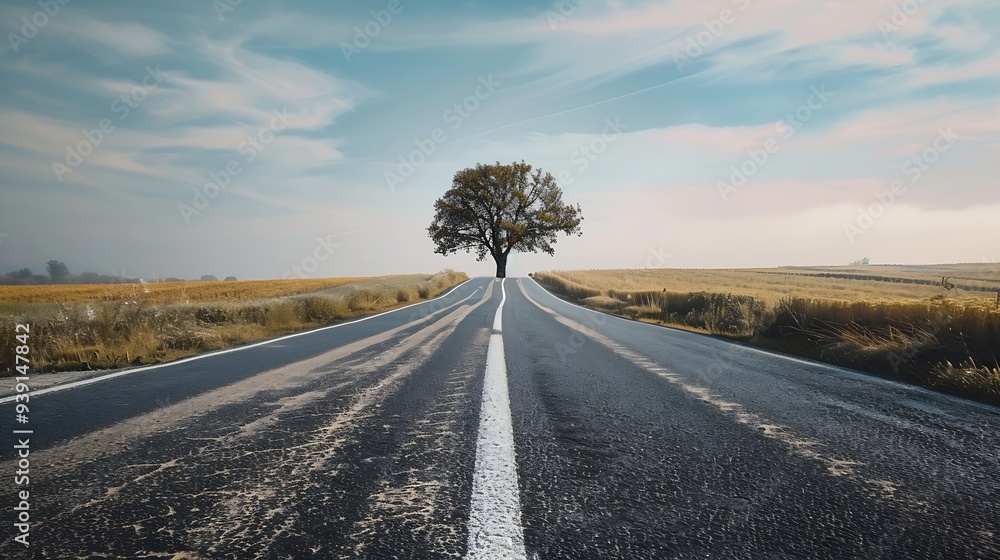 Long country road with white lines down the centre stretching off past a lone tree to the distant horizon : Generative AI Long country road with white lines down the centre stretching off past a lone tree to the distant horizon : Generative AI