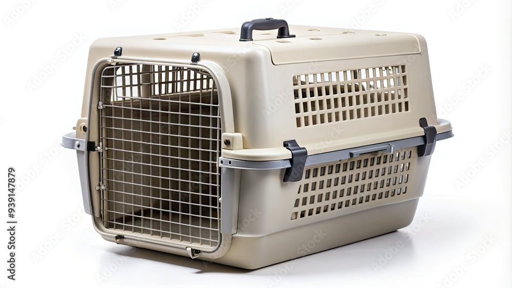 Isolated white background displays a sturdy, ventilated plastic dog crate with a secure latch, ideal for pet training, travel, and safety. Isolated white background displays a sturdy, ventilated plastic dog crate with a secure latch, ideal for pet training, travel, and safety.
