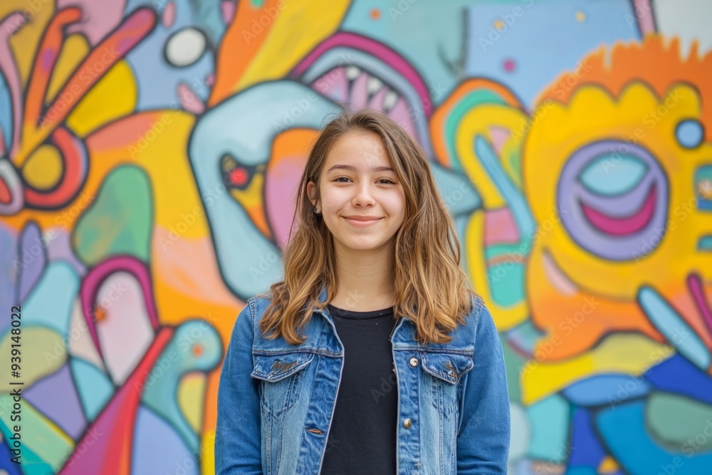 A proud student stands in front of a vibrant school mural, showcasing their artistic talent. The illustration captures the essence of creativity and community spirit. A proud student stands in front of a vibrant school mural, showcasing their artistic talent. The illustration captures the essence of creativity and community spirit.