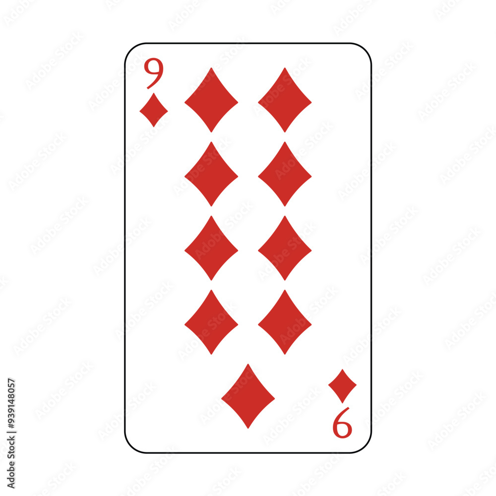 The playing card is the red diamond number nine. The playing card is the red diamond number nine.