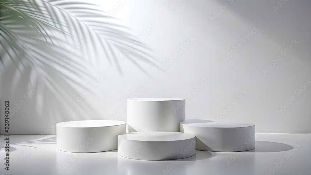 Isolated white podiums on a pure white background, minimalist approach, subtle shadows, sleek and modern design, ideal for product display or presentation layouts. Isolated white podiums on a pure white background, minimalist approach, subtle shadows, sleek and modern design, ideal for product display or presentation layouts.