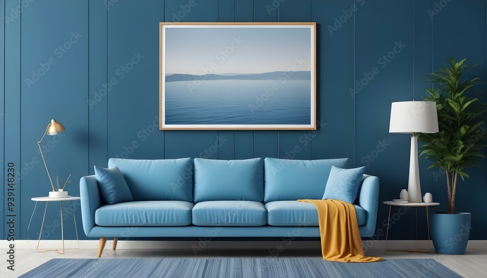 Interior mockup In a white room a blue sofa is placed next to a photo frame on the wall Interior mockup In a white room a blue sofa is placed next to a photo frame on the wall