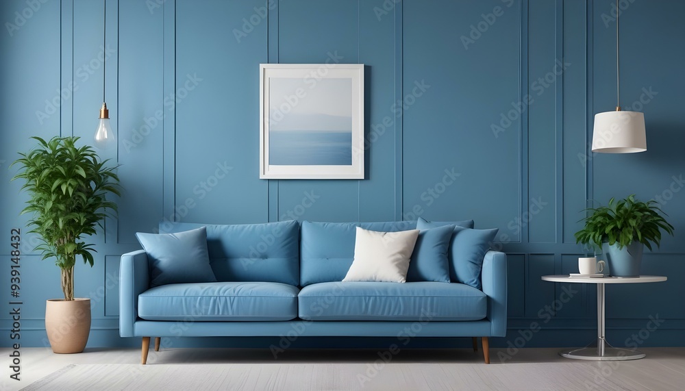 Interior mockup In a white room a blue sofa is placed next to a photo frame on the wall Interior mockup In a white room a blue sofa is placed next to a photo frame on the wall