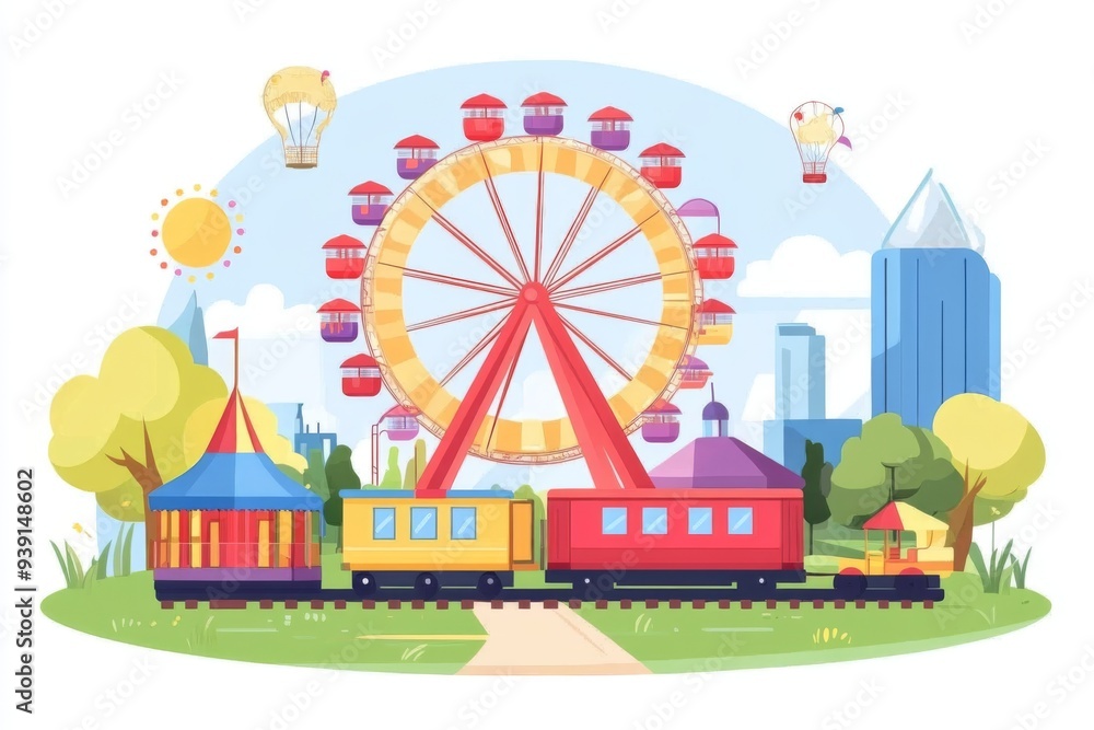 A sunny day at a cartoon playground with a big Ferris wheel and a train ride A sunny day at a cartoon playground with a big Ferris wheel and a train ride