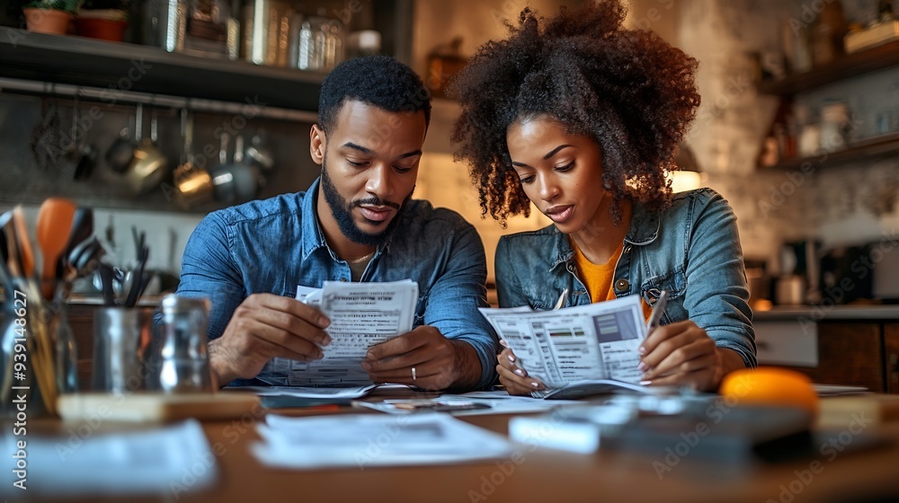 Unhappy American couple managing home accounts in kitchen trying to save some money by cutting family expenses Finances bankruptcy taxes money accounting and financial problems concept : Generative AI Unhappy American couple managing home accounts in kitchen trying to save some money by cutting family expenses Finances bankruptcy taxes money accounting and financial problems concept : Generative AI