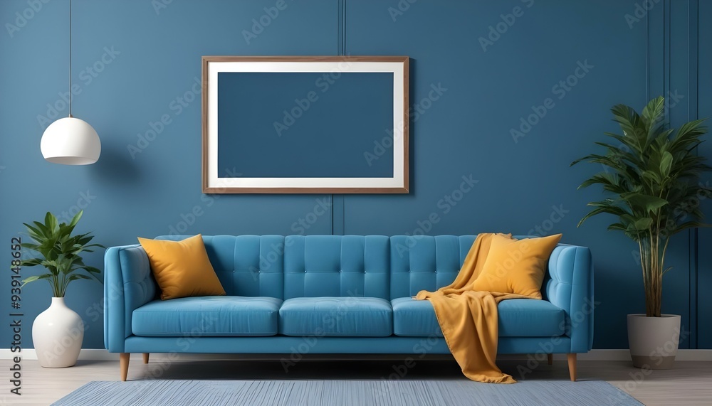 Interior mockup In a white room a blue sofa is placed next to a photo frame on the wall Interior mockup In a white room a blue sofa is placed next to a photo frame on the wall