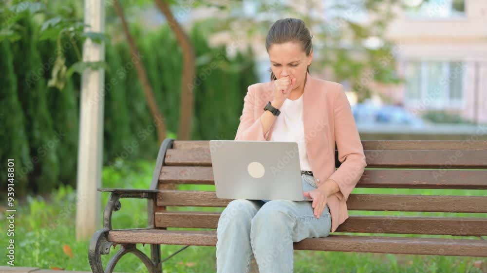 Sick Casual Business Woman Coughing while Using Laptop Outdoor Sick Casual Business Woman Coughing while Using Laptop Outdoor