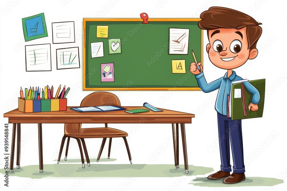 This vibrant illustration features a cheerful cartoon teacher engaging with students in a lively classroom setting. The fun and colorful theme creates an inviting atmosphere for learning. This vibrant illustration features a cheerful cartoon teacher engaging with students in a lively classroom setting. The fun and colorful theme creates an inviting atmosphere for learning.