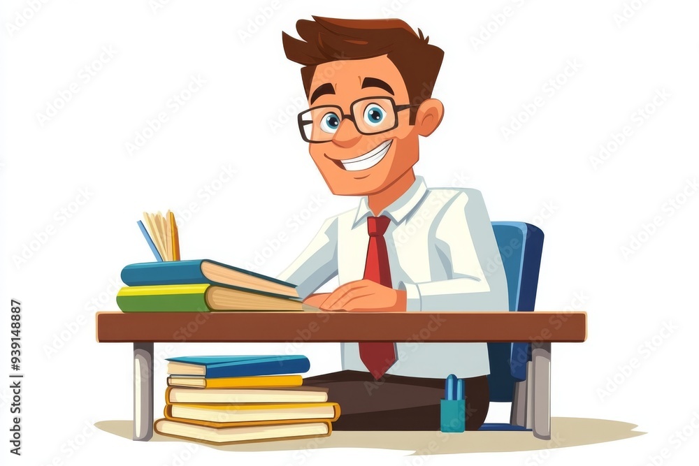 A teacher cartoon character sitting at a desk with a stack of books and a friendly smile A teacher cartoon character sitting at a desk with a stack of books and a friendly smile