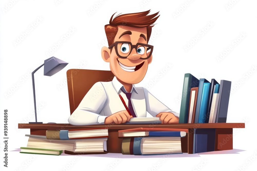 A teacher cartoon character sitting at a desk with a stack of books and a friendly smile Illustration --ar 3:2 --style raw --v 6.1 Job ID: abb8b505-b009-49fa-8d56-7b139069fd6a A teacher cartoon character sitting at a desk with a stack of books and a friendly smile Illustration --ar 3:2 --style raw --v 6.1 Job ID: abb8b505-b009-49fa-8d56-7b139069fd6a